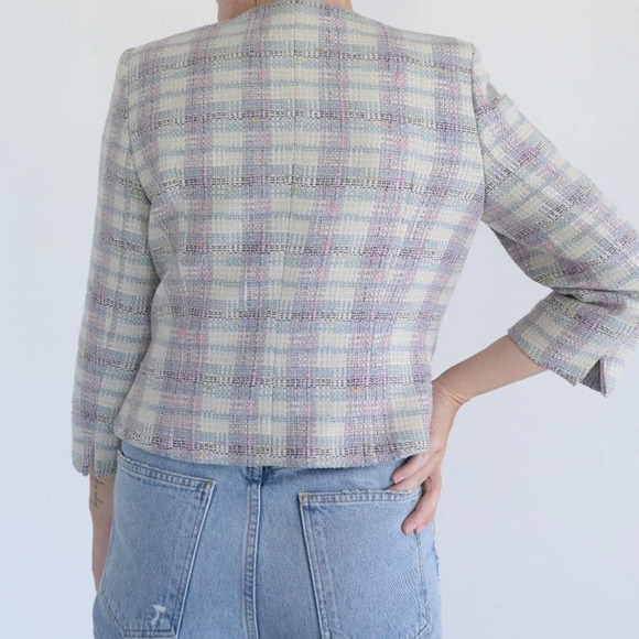 Vintage Paule  Vasseur Pink & Cream Cross Pattern 63% Wool Blazer 40 - Picture 3 of 12